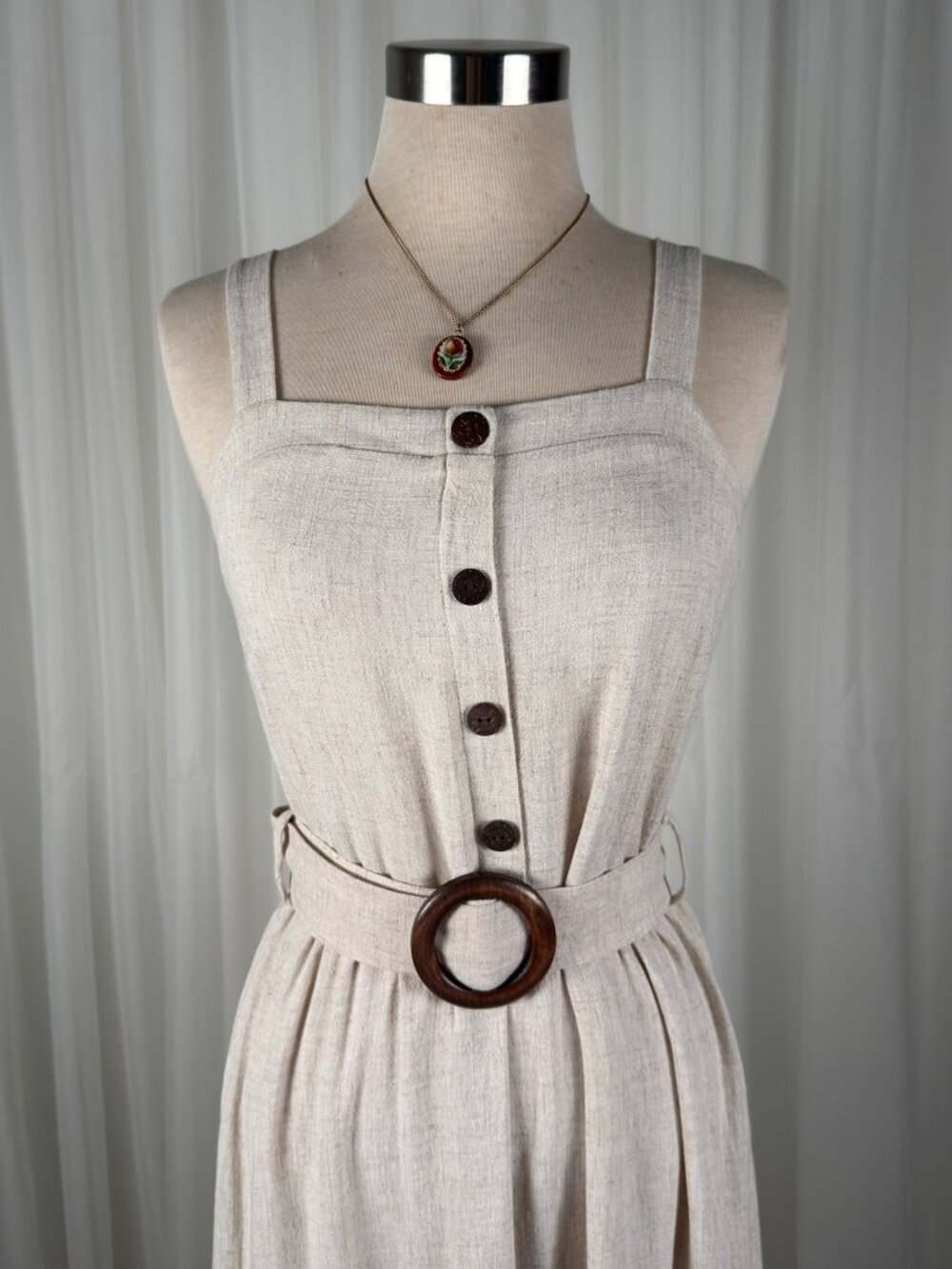 Monteau Belted Button Front Tiered Midi Sundress Cottagecore Beige Womens Size M - Picture 5 of 8